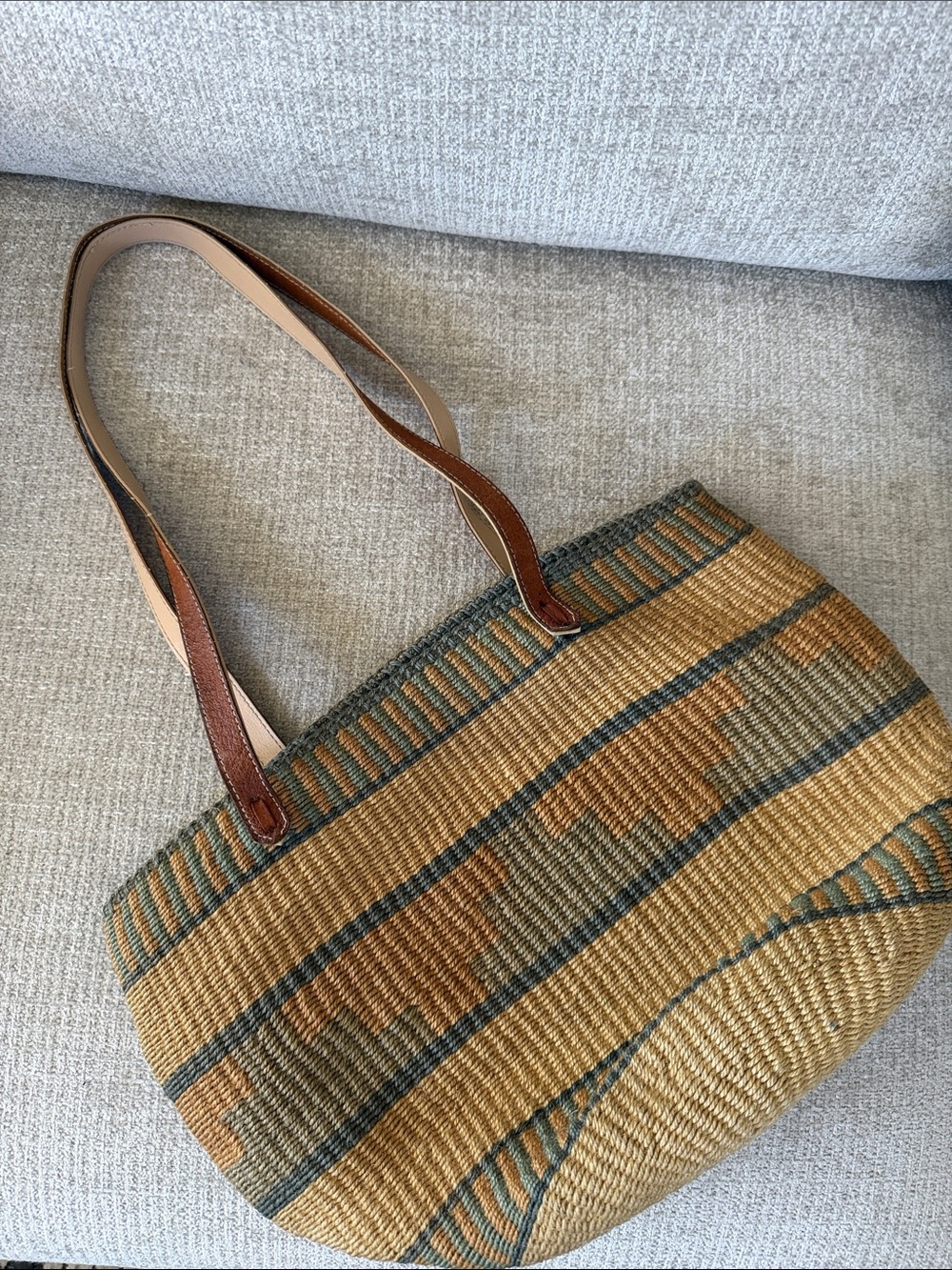 French Market Tote Bag with Brown Leather Straps Vintage